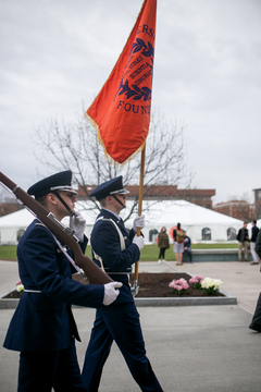 ROTC members Ryan Lonie and Zachary Vohs, SUNY-ESF chemistry junior and aerospace senior, practice drills before Chancellor Kent Syverud's arrival on April 11, 2014.