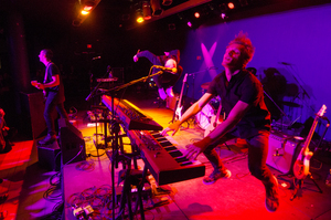 (From left) Feldshuh, Sam Harris & Casey Harris, thrash on stage in unison. Casey Harris, while jumping up and down, began a wild keyboard solo that received a resounding reaction from the crowd. 