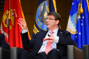 Secretary of Defense Ash Carter speaks at SU in March. In the section of the report devoted to the creation of the NVRC, Carter is quoted about what makes SU a special places for veterans.
