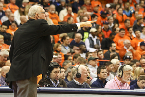 Jim Boeheim points toward the court during Syracuse's win against the Eagles. The head coach avoided his first five-game losing streak in his coaching history.