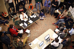 Chancellor Kent Syverud meets with protesters from THE General Body in Crouse-Hinds Hall during their 18-day sit-in in November 2014. On Saturday, THE General Body created a petition to support faculty concern over the proposed University Place promenade.