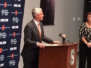 Daniel French speaks at a press event after being named Syracuse University's interim director of athletics. French is currently the university's general counsel and will continue this role while assuming the responsibilities as interim AD.