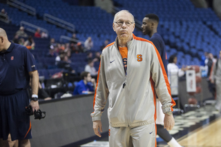 SU head coach Jim Boeheim looks on during the practice session. Boeheim said that despite his team's 2-5 stretch, he believes the Orange is playing just as well as it has all season.