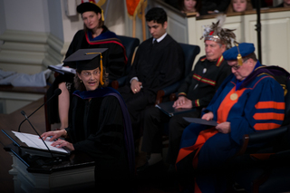 Suzanne Baldwin, a professor in the College of Arts and Sciences, speaks during the inauguration ceremony of Chancellor Kent Syverud on April 11, 2014.