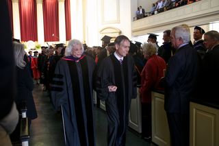 Sandra Day O' Connor and Scott Bales, former Supreme Court Justice and Vice Chief Justice of the Arizona Supreme Court,  greets the inauguration audience as  they step out of Hendricks Chapel on April 11, 2014.