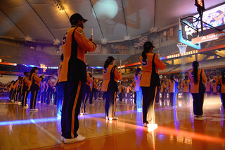 The Syracuse marching band serenades the Orange Madness crowd. 