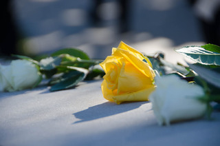 William Beech, one of the two Lockerbie Scholars from Scotland, places a yellow rose among the rest to represent the 11 victims from Lockerbie who were killed in the Pan Am Flight 103 bombing. 