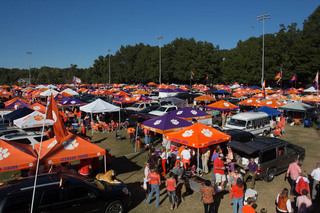 A wide shot of the tailgating scene outside Memorial Stadium in Clemson, South Carolina on Saturday.