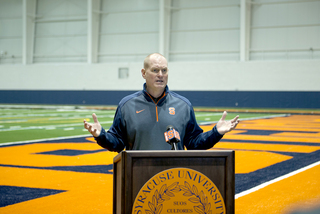 SU head coach Scott Shafer addresses the media from inside the indoor practice facility.
